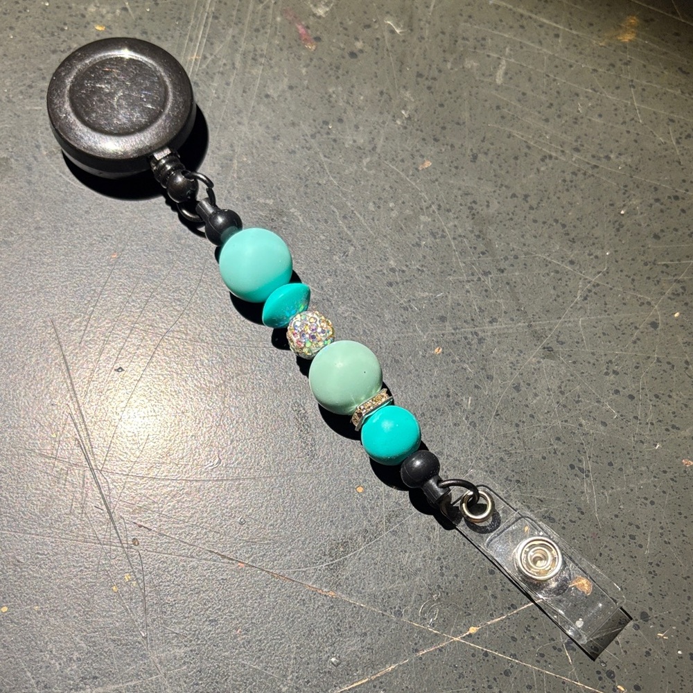 Beaded Turquoise Badge Reel with Rhinestone Accent